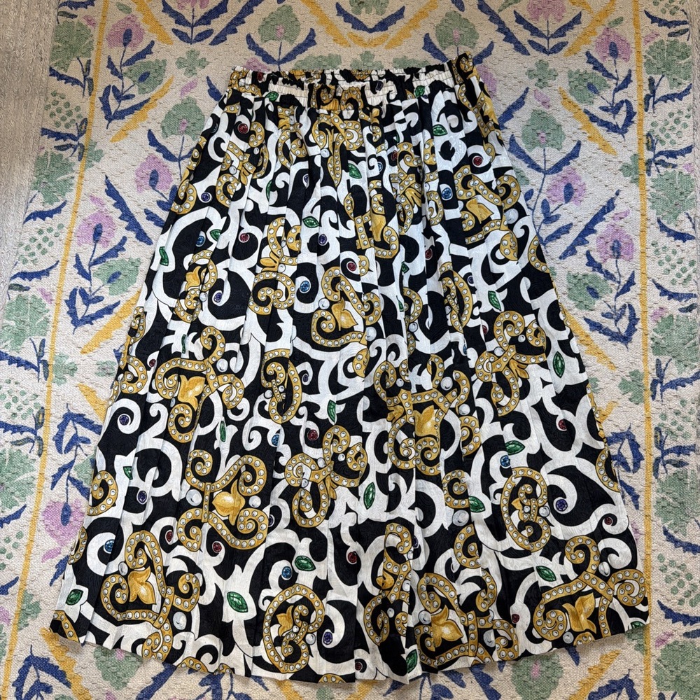 Andrea Gayle  Vintage Black White Yellow Gold Pleated Casual A-line Skirt M